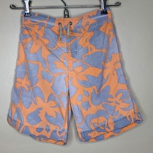 LANDS END Kids Swim Trunks Orange Gray Swimsuit Shorts Medium (5-6)